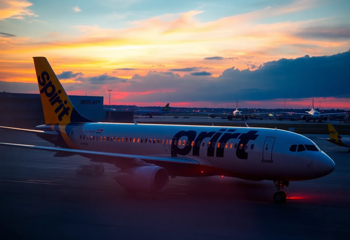 Spirit Airlines aircraft on the runway during sunset