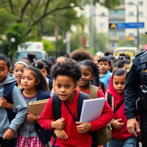 Students walking in a safe environment with school officers nearby.