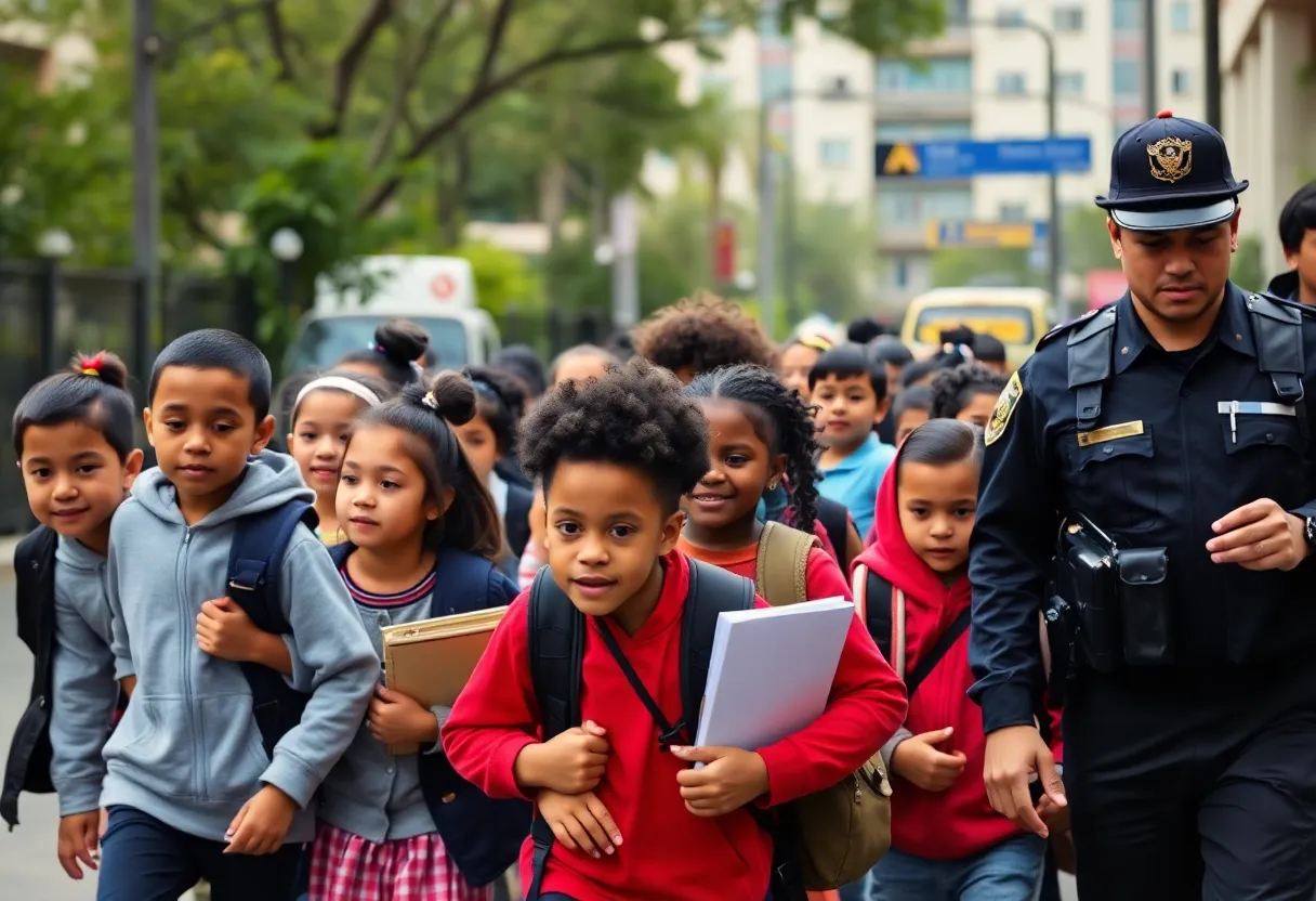 Students walking in a safe environment with school officers nearby.