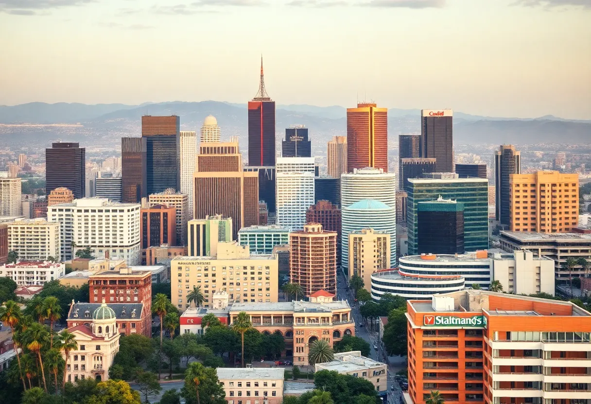 Illustration of Los Angeles with a newspaper in the foreground