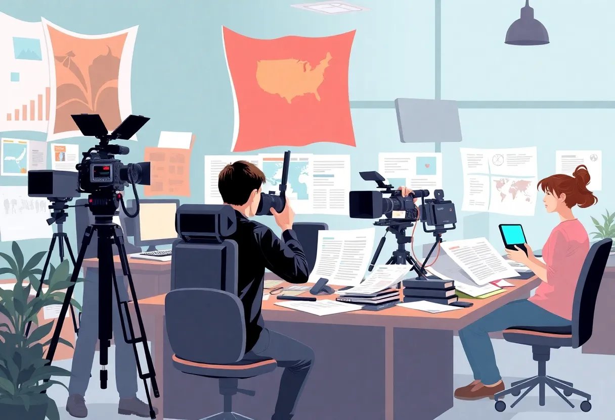 A dynamic newsroom illustrating the launch of The California Post