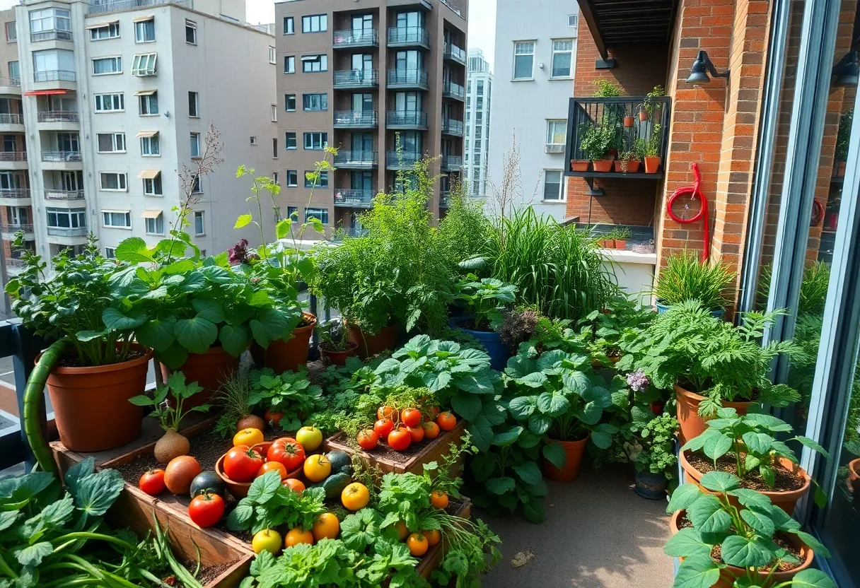 A lush urban garden filled with green plants and vegetables on a balcony in a city.