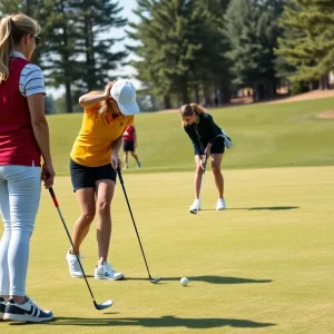 USC Women's Golf team practicing on the golf course