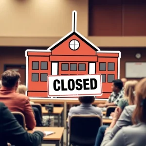Community members gathered at a meeting discussing school closures.