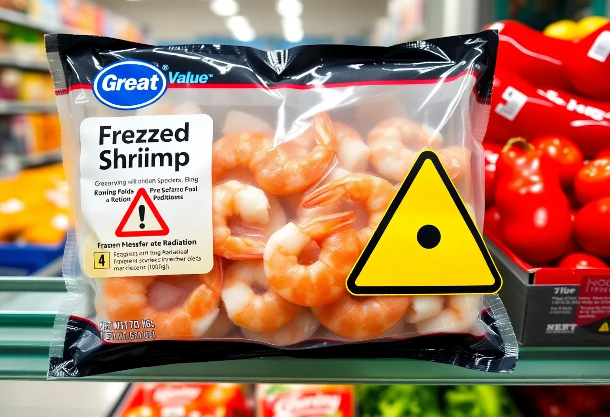 Great Value frozen shrimp package warning about recall