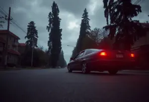 An abandoned car on a deserted street surrounded by trees