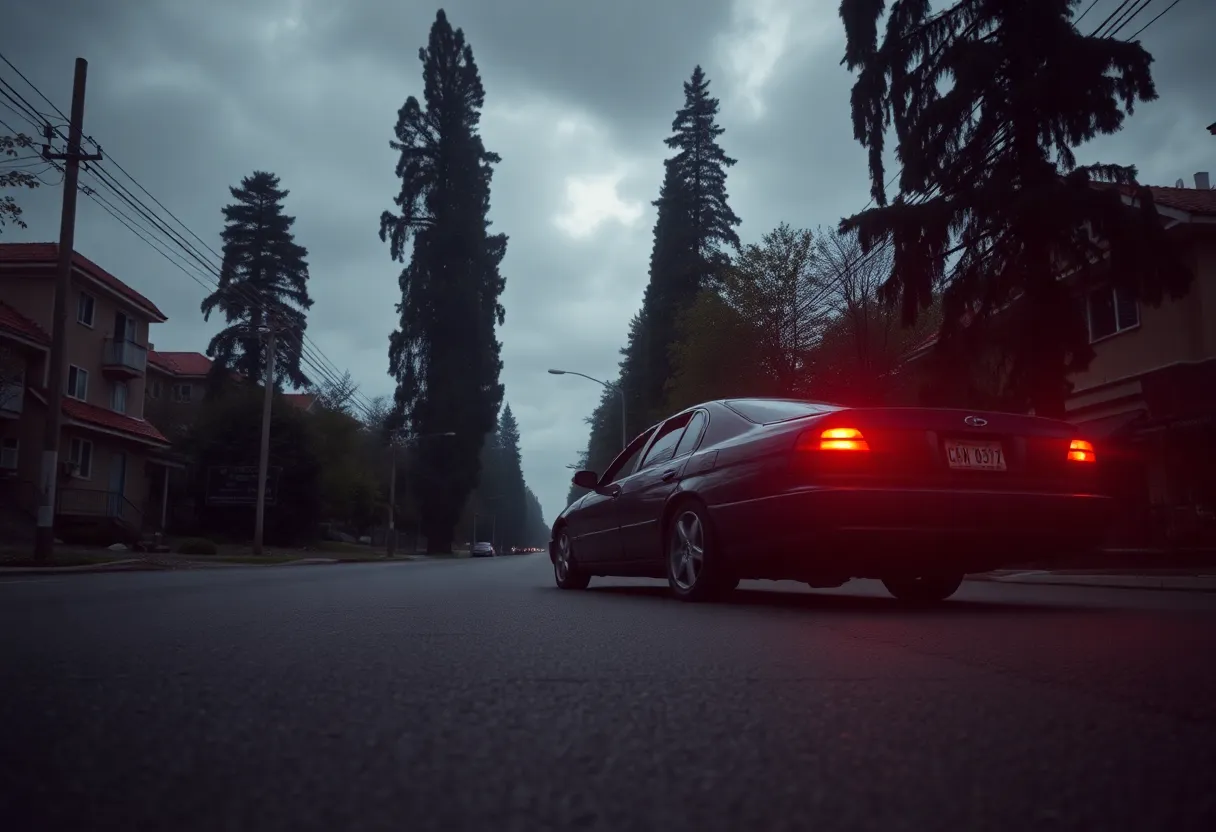 An abandoned car on a deserted street surrounded by trees