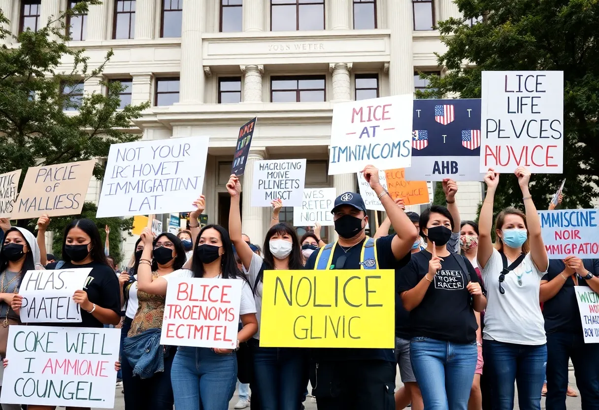 Activists demonstrating for immigrant rights outside a federal building