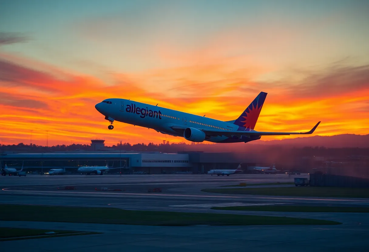 Allegiant Airlines plane taking off during sunset