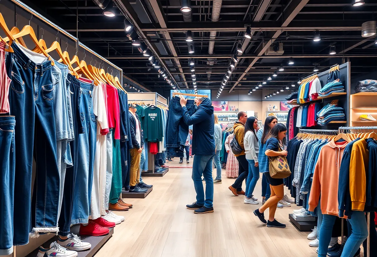 Trendy jeans display at American Eagle retail store