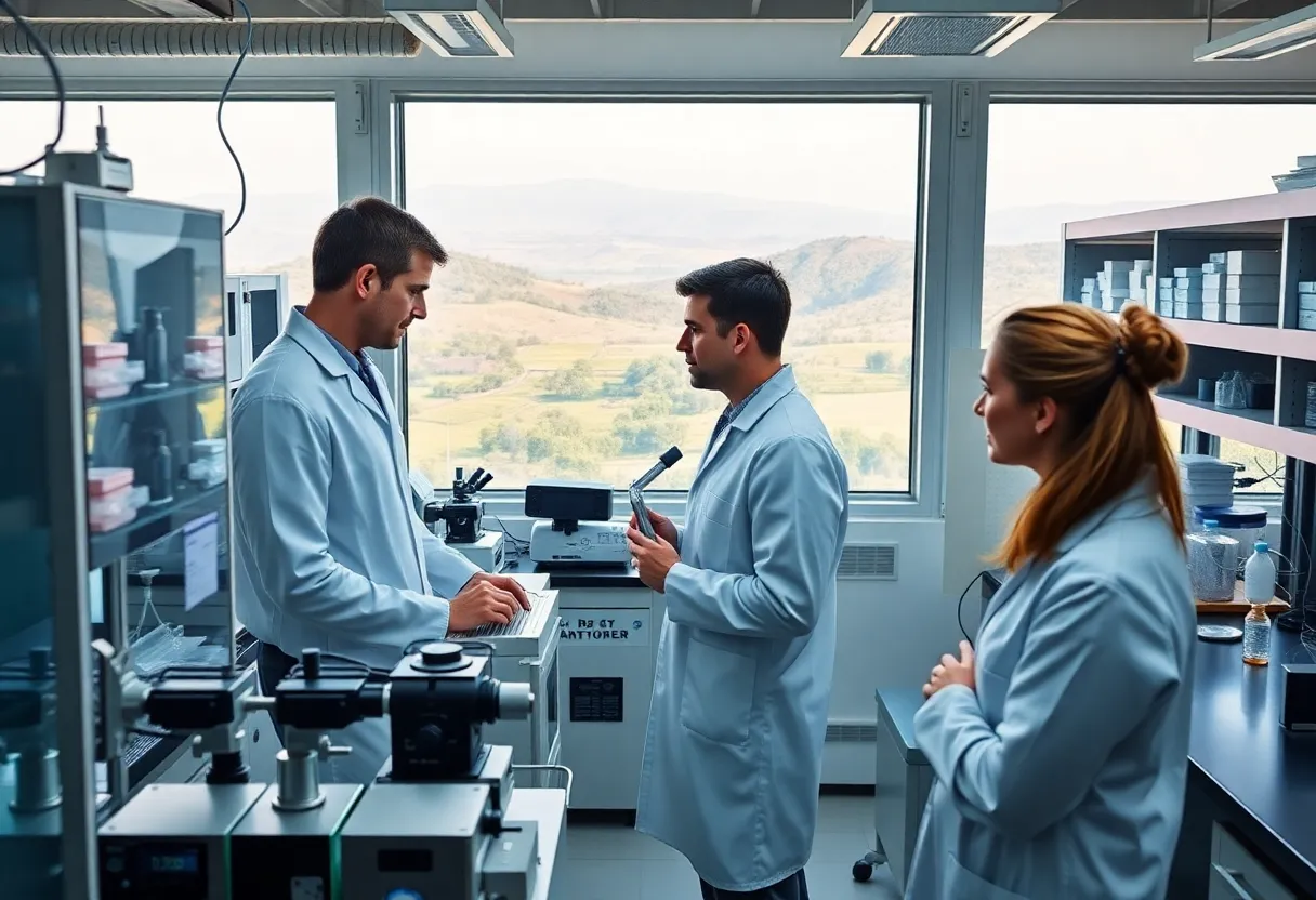 Modern biotechnology research facility with scientists working