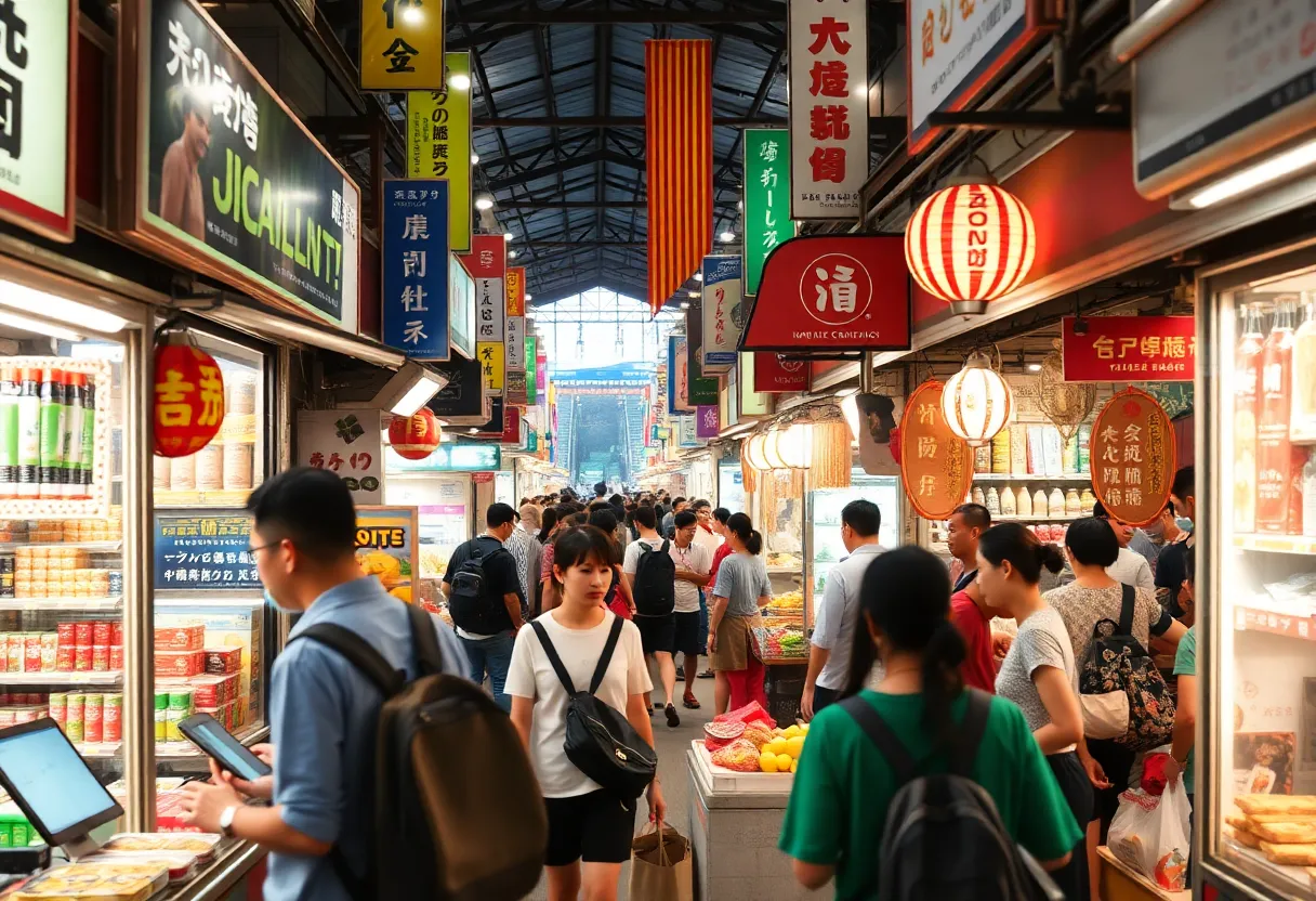 A busy Asian market showcasing technology and growth