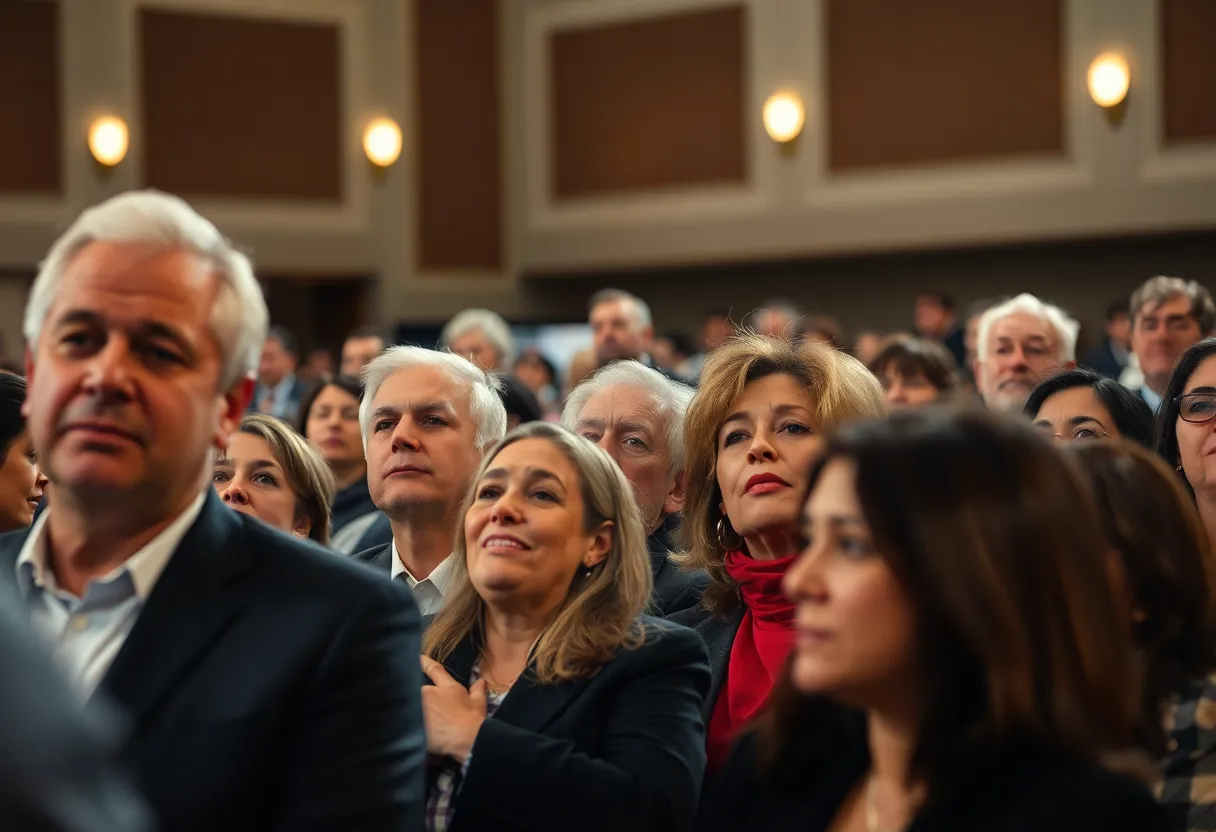 Crowd displaying mixed emotions during a political monologue