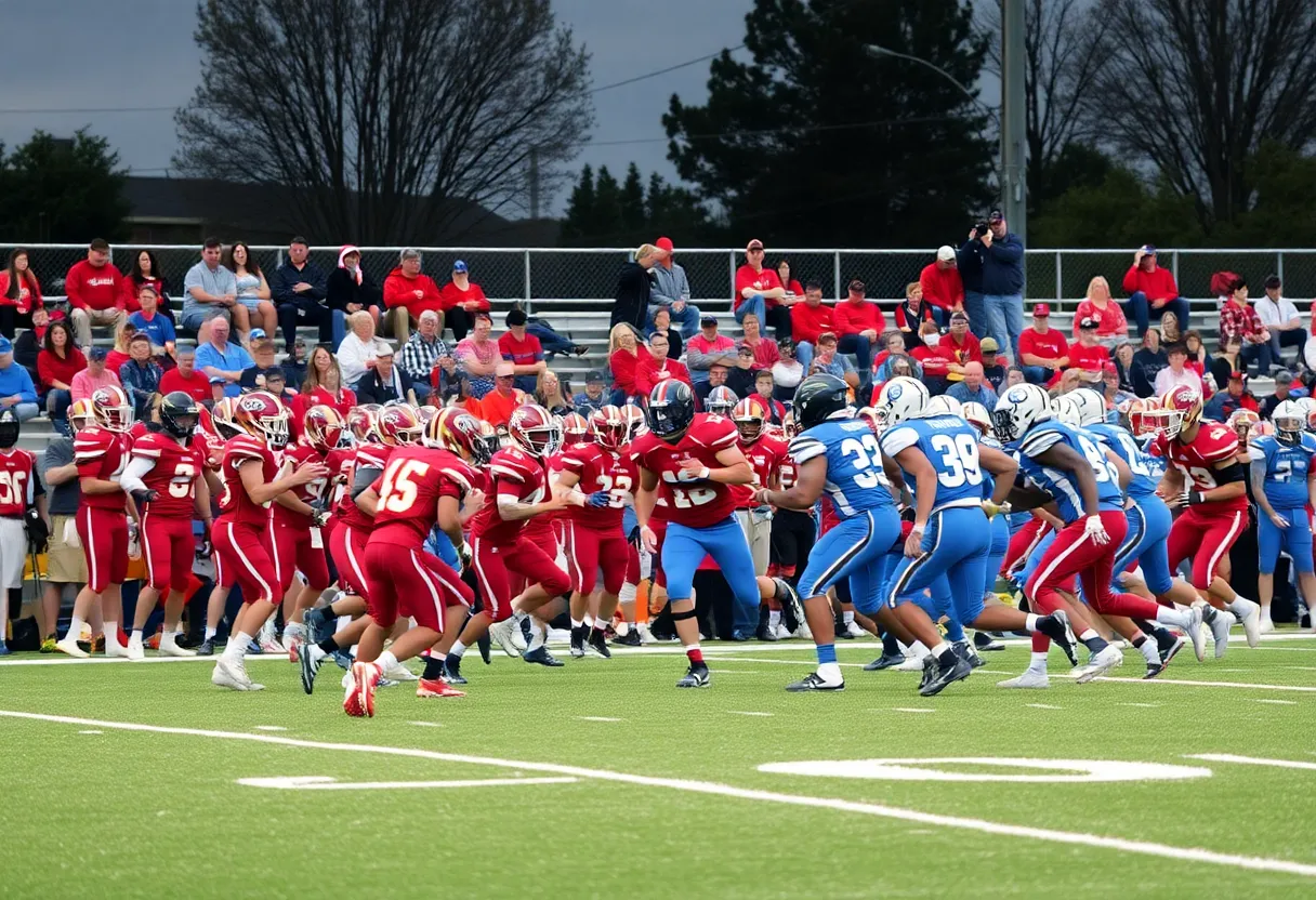 High school football teams from Banning and Carson competing in a game at Vollnogle Stadium.