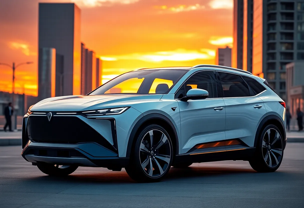 New BMW iX3 Electric SUV with a dynamic cityscape in the background.