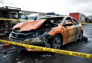 Investigation scene of a burned Honda Civic in a tow yard.