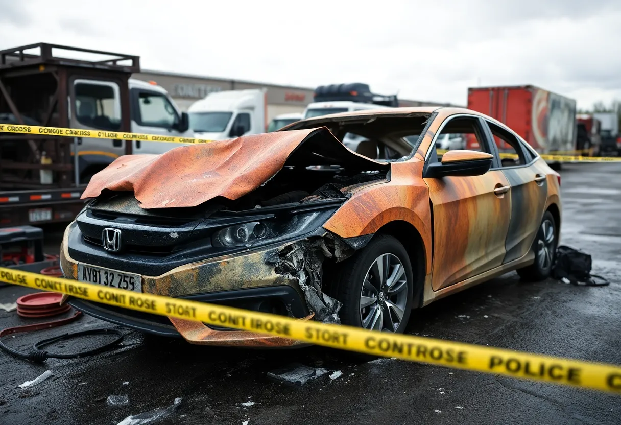 Investigation scene of a burned Honda Civic in a tow yard.
