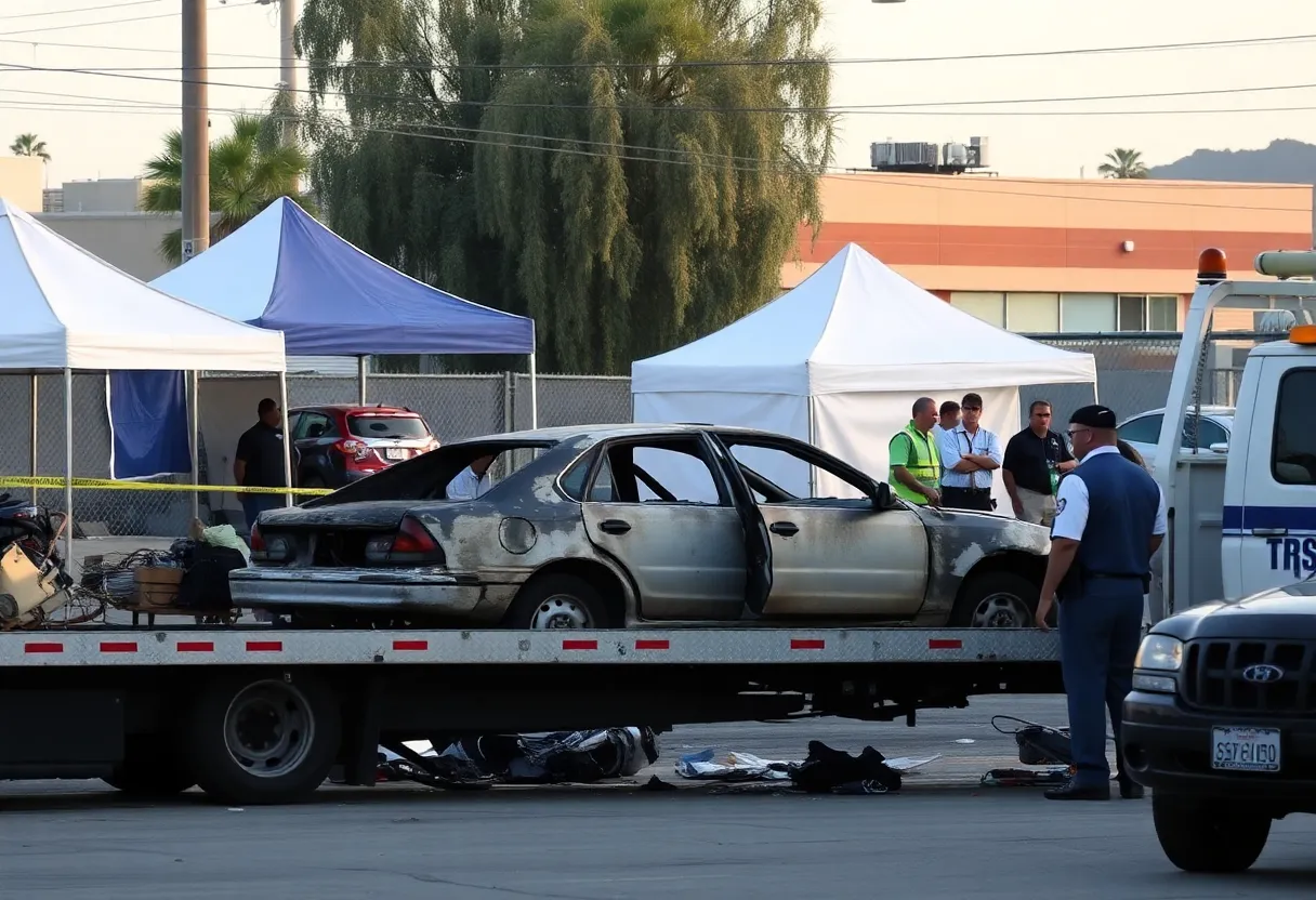 Scene of a burned Honda vehicle at a tow yard in Los Angeles under police investigation.