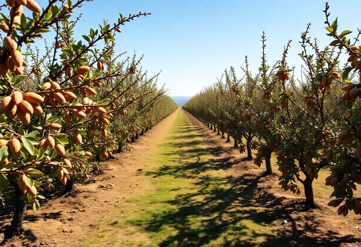 An almond orchard in California with ripe almond trees.