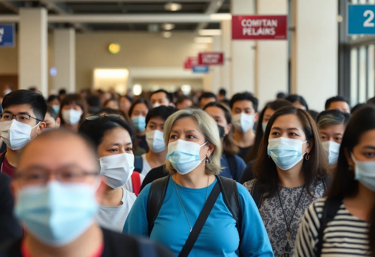 People wearing masks in an indoor setting in California during the COVID-19 surge.