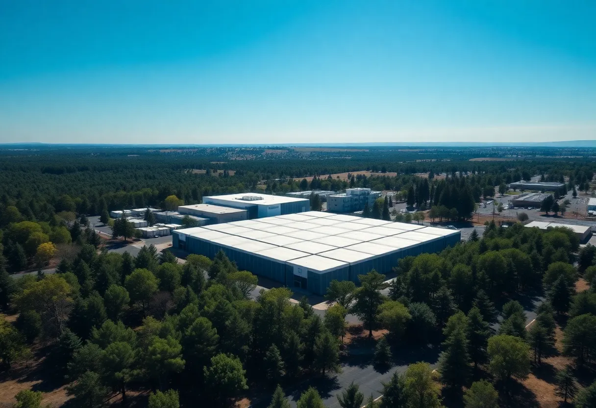 Aerial view of a data center in California with surrounding green landscapes.