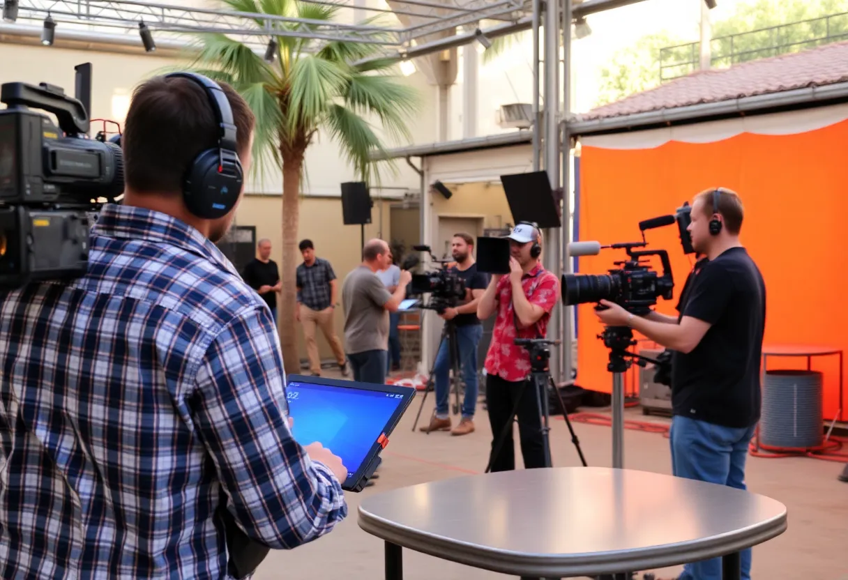 Film crew working on a set in California