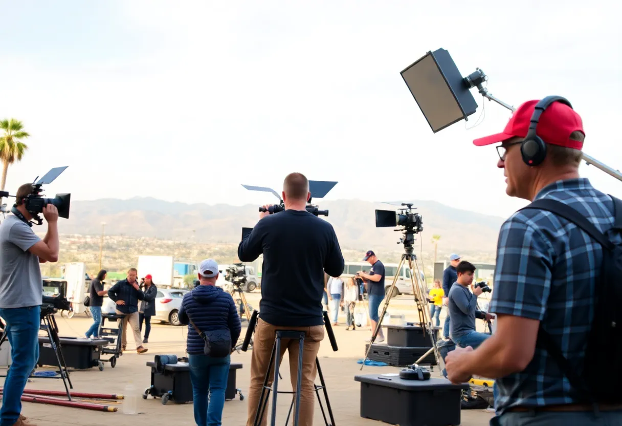 Film set in California with crew and equipment