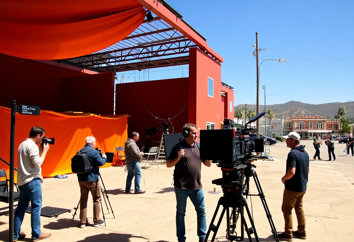 Crew working on a film set in California