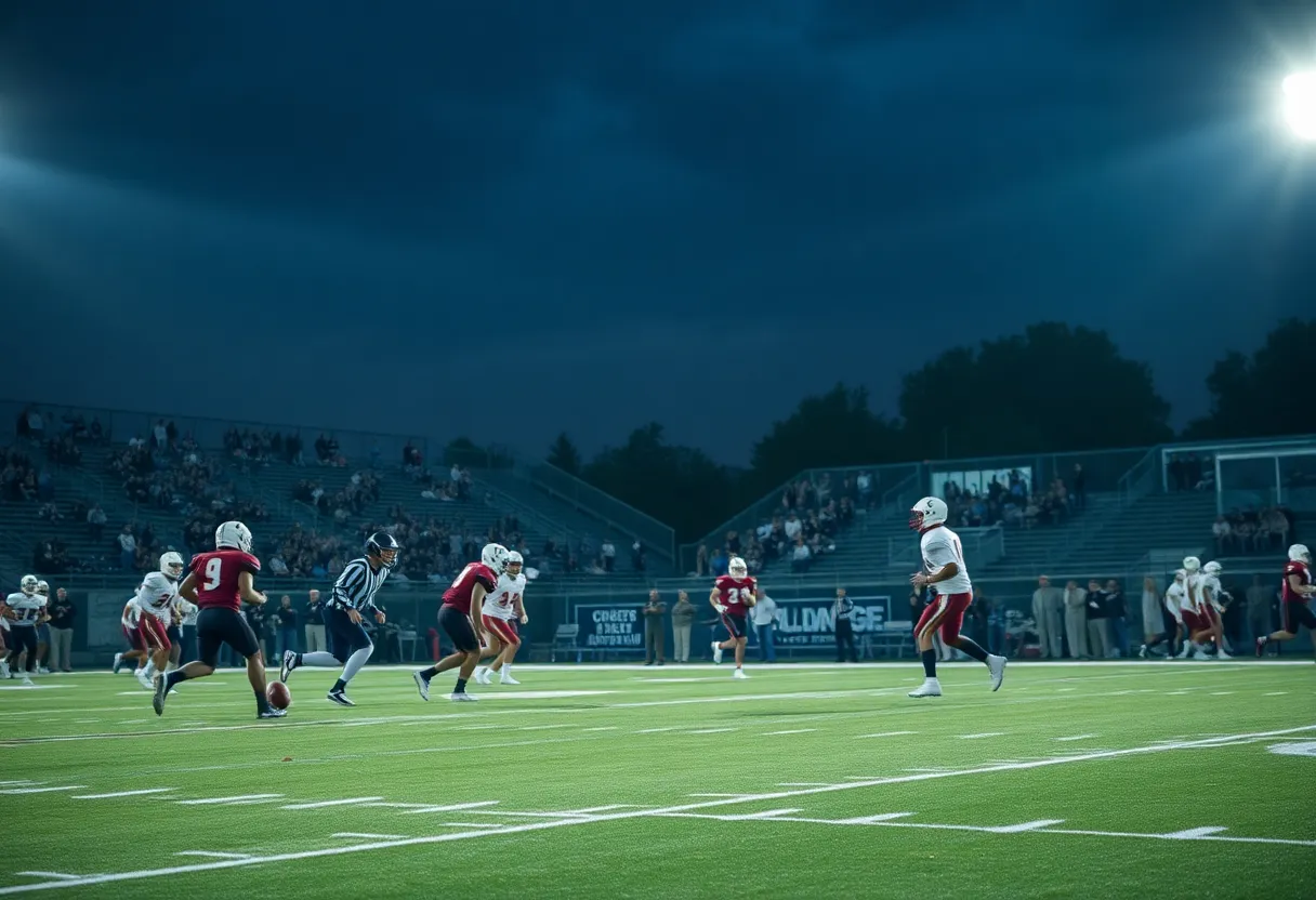High school football players in action during a game in California