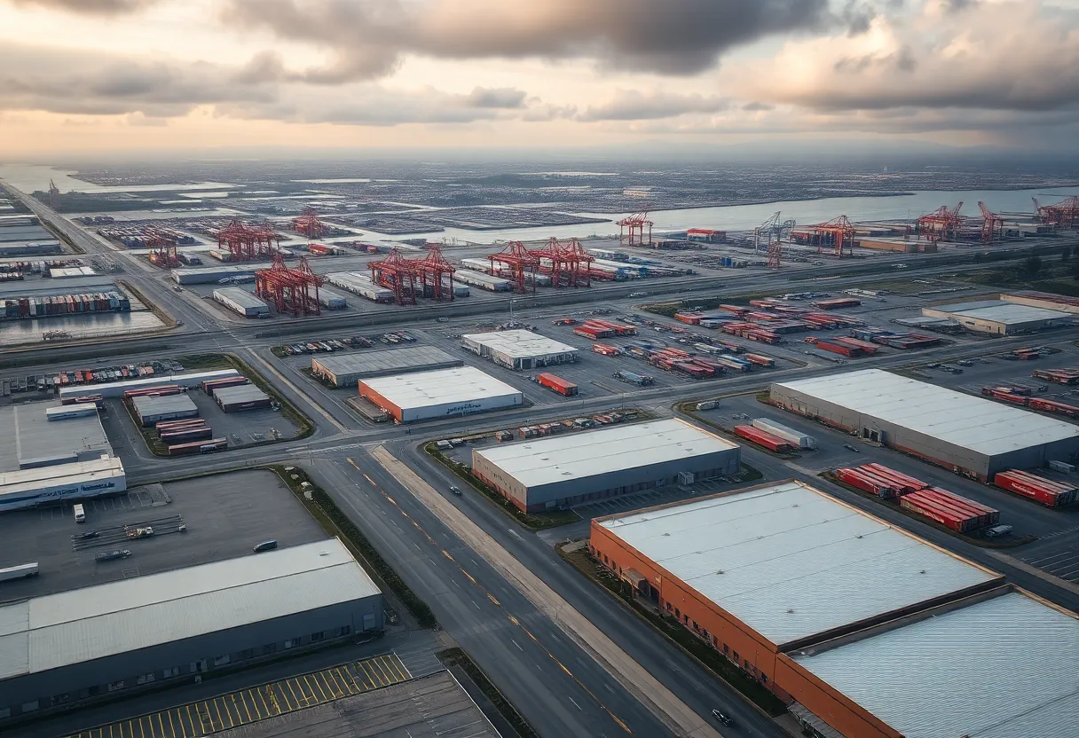 Aerial view of industrial warehouses in California