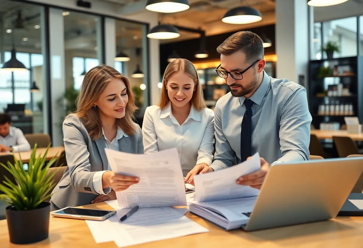 Consultants discussing payroll compliance in a modern office