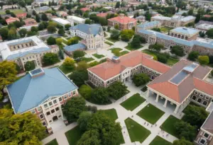 Aerial view of a public university campus in California.