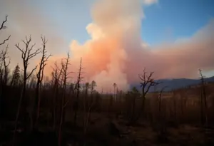 Aftermath of California wildfires showing burnt landscape.