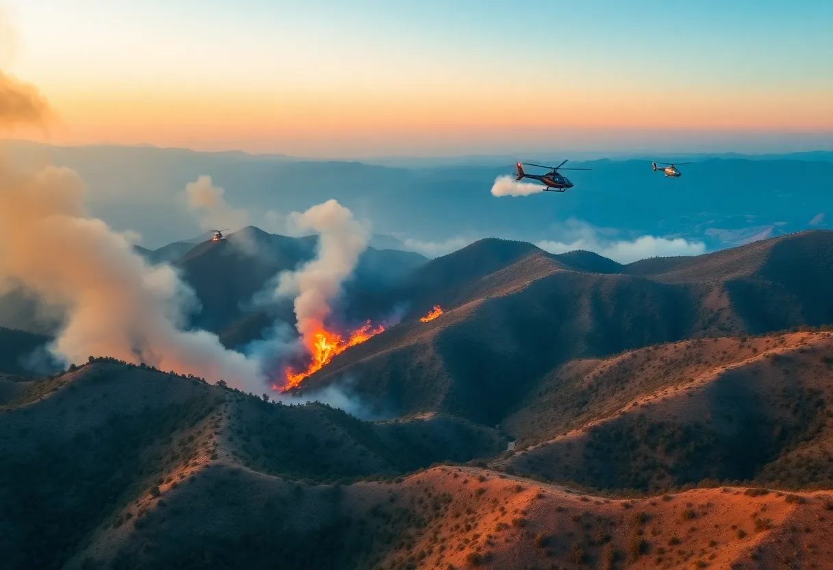 Wildfire burning in Los Angeles mountains with smoke and emergency crews