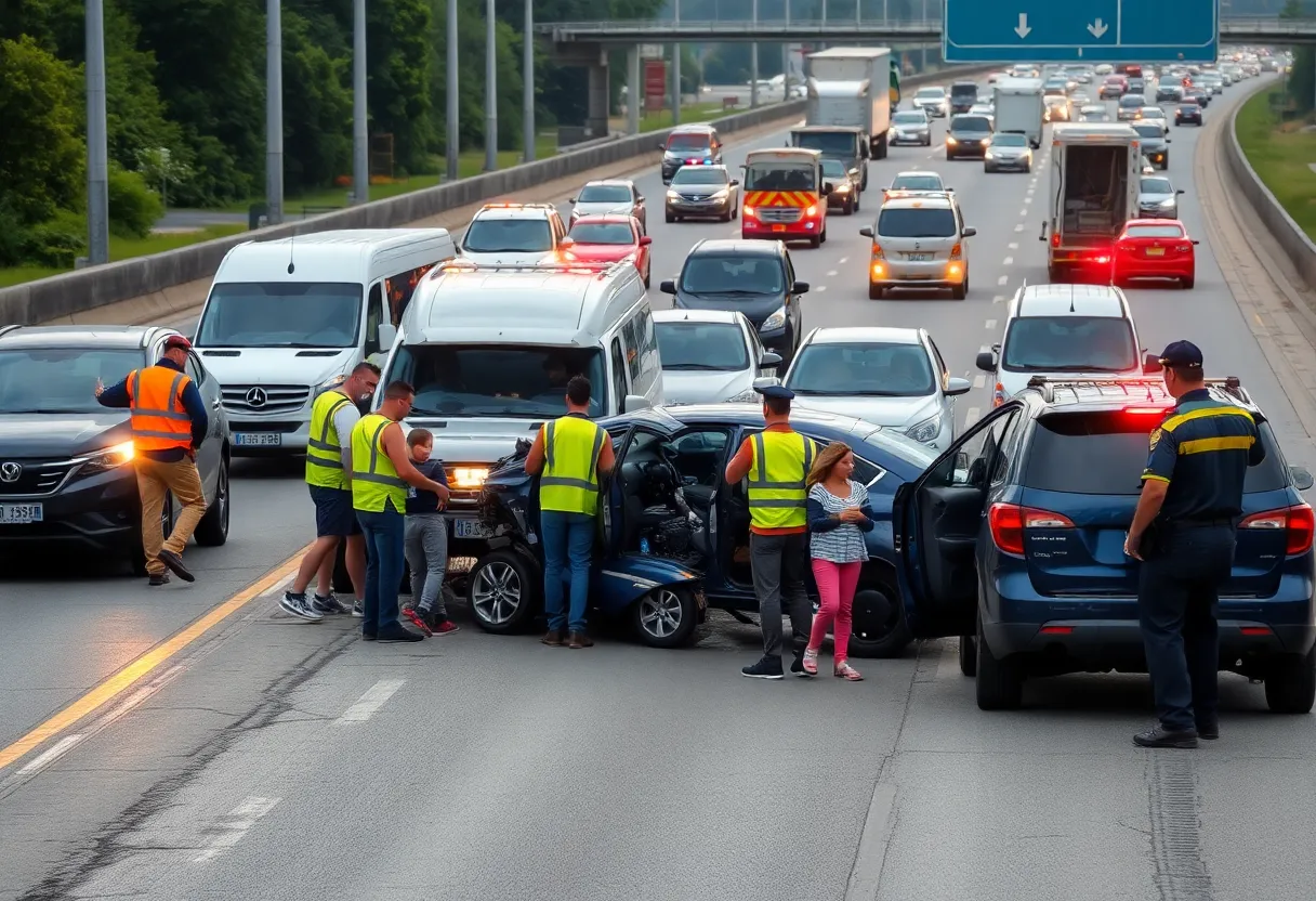 Emergency responders attending to a car crash scene involving a carjacking suspect and three children.