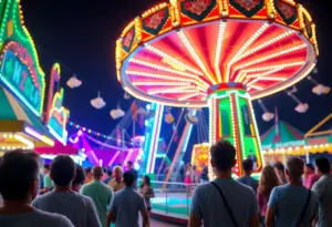 A colorful Zipper carnival ride with spectators around it.