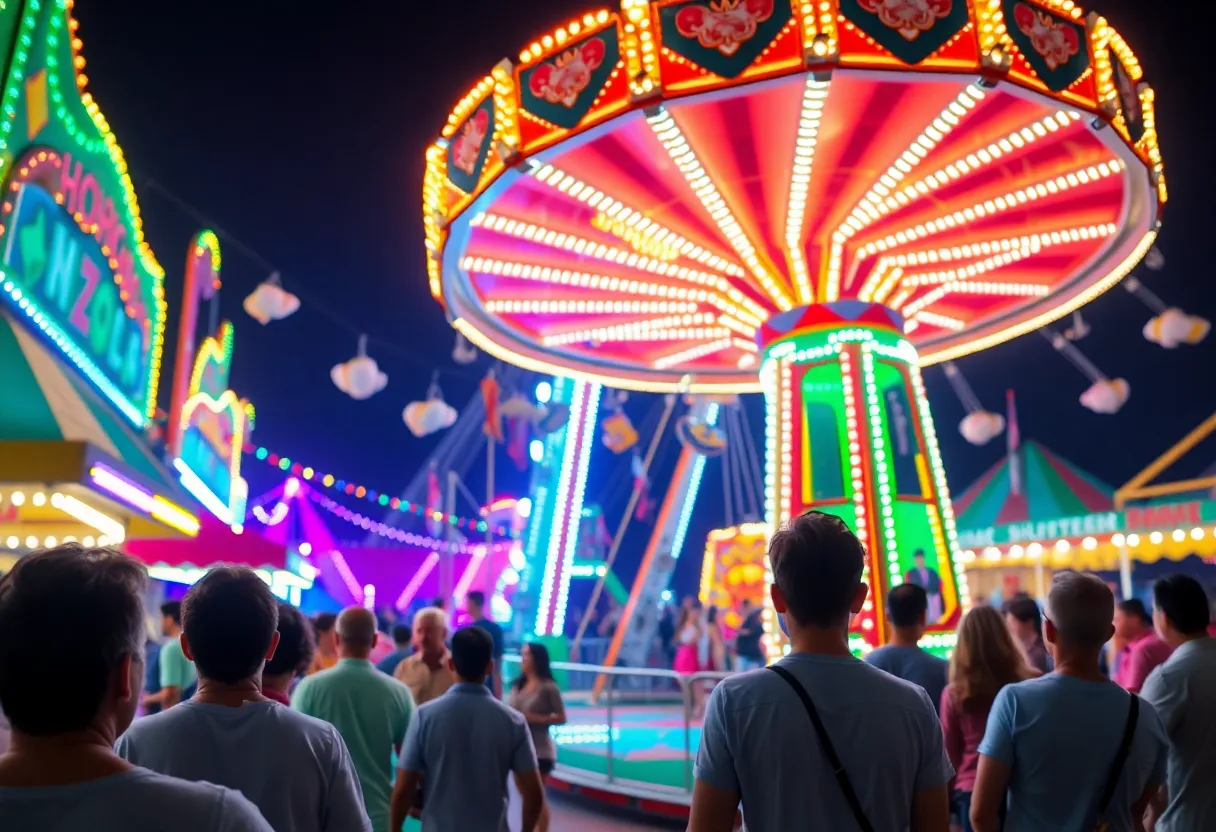 A colorful Zipper carnival ride with spectators around it.