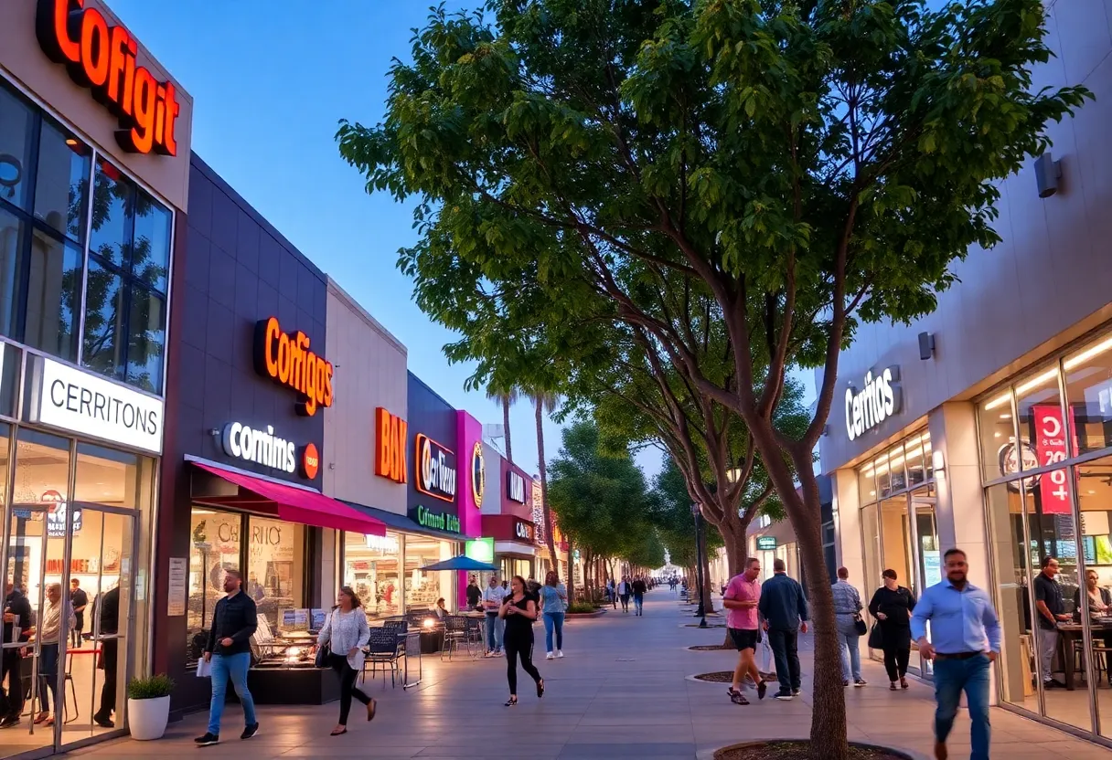 A bustling Cerritos street with new businesses and vibrant activity