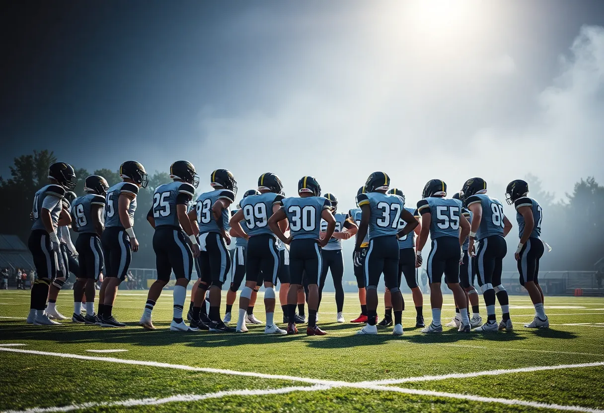 Los Angeles Chargers players strategizing on the field