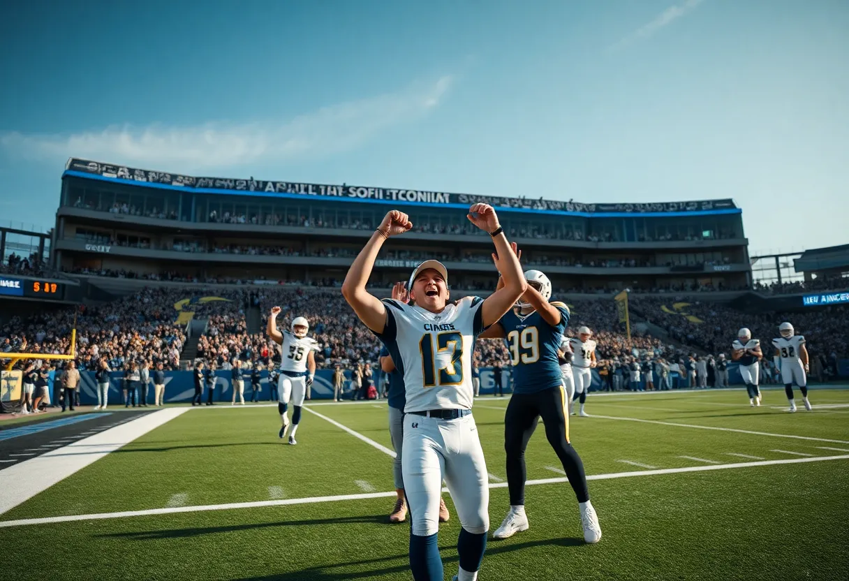 Los Angeles Chargers celebrating at SoFi Stadium after their victory