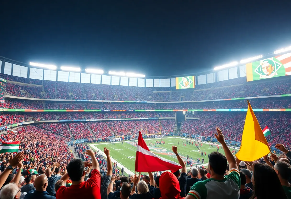 Stadium crowd cheering at the Chargers vs Chiefs NFL game in Brazil