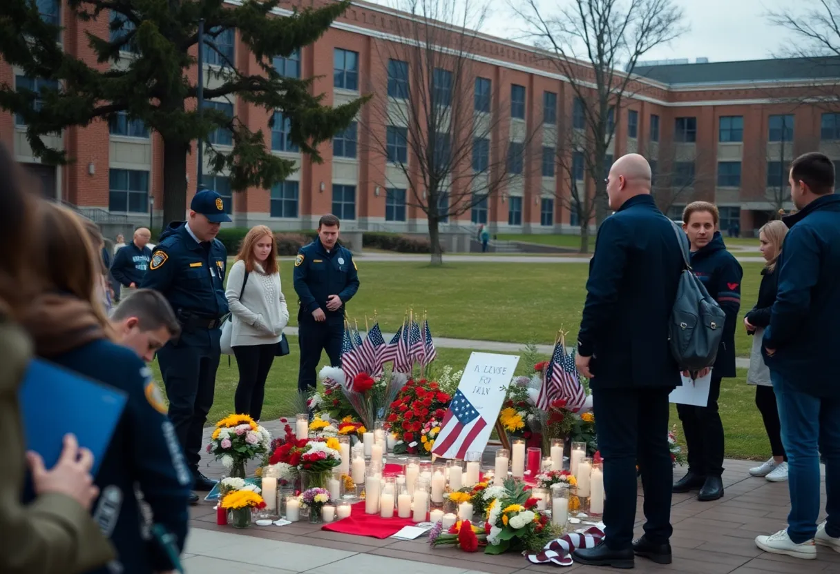Memorial setup on university campus for political figure.