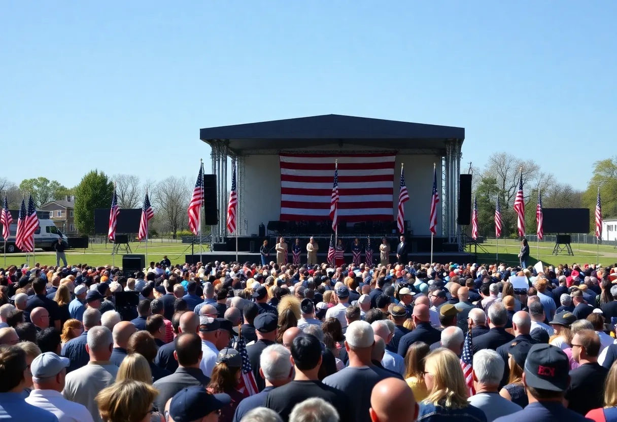 Crowd gathering for Charlie Kirk's memorial service at a stadium.