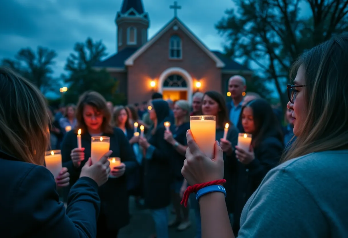 Attendees at a vigil holding candles in front of a church.