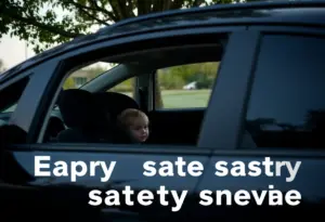 A parked vehicle with child safety seat inside, depicting child safety awareness.