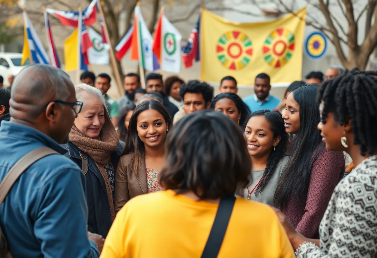 Diverse individuals engaged in civil discourse outdoors