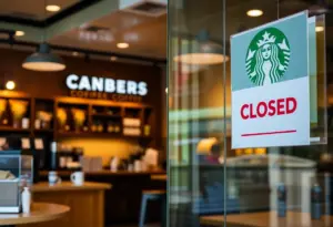 Interior of a closed Starbucks coffee shop in California with signs indicating store closure