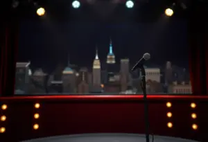 Empty comedy stage with microphone symbolizing a suspended show