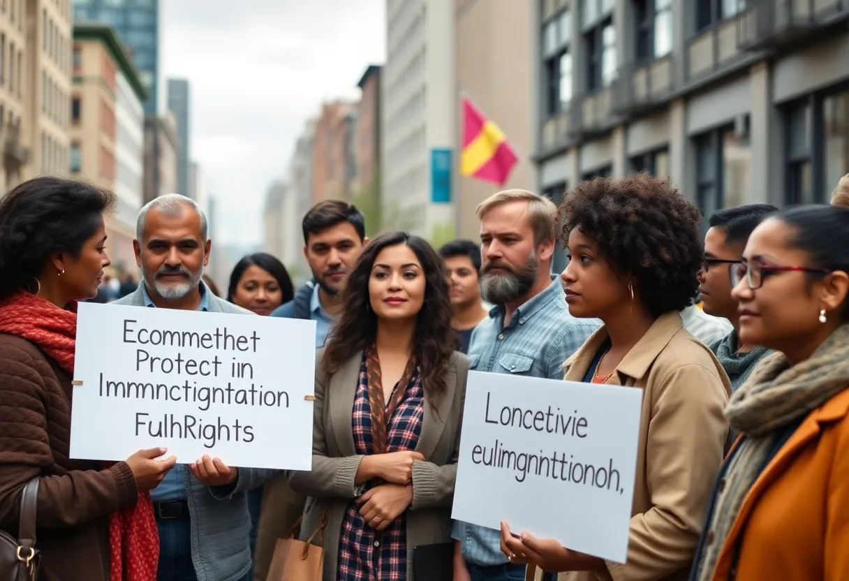 A diverse community discussing immigration policy in an urban setting.