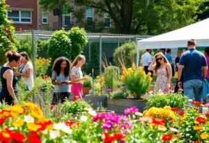 Individuals engaging in gardening and outdoor activities in Boyle Heights community garden.